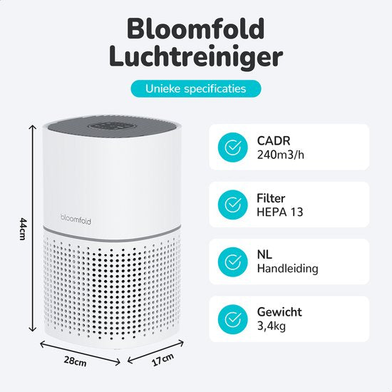 Bloomfold Luchtreiniger - HEPA 13 filter + koolstoffilter - CADR: 240m3/h. - Wifi modus & App - Luchtkwaliteit indicator - 3 standen + slaapstand