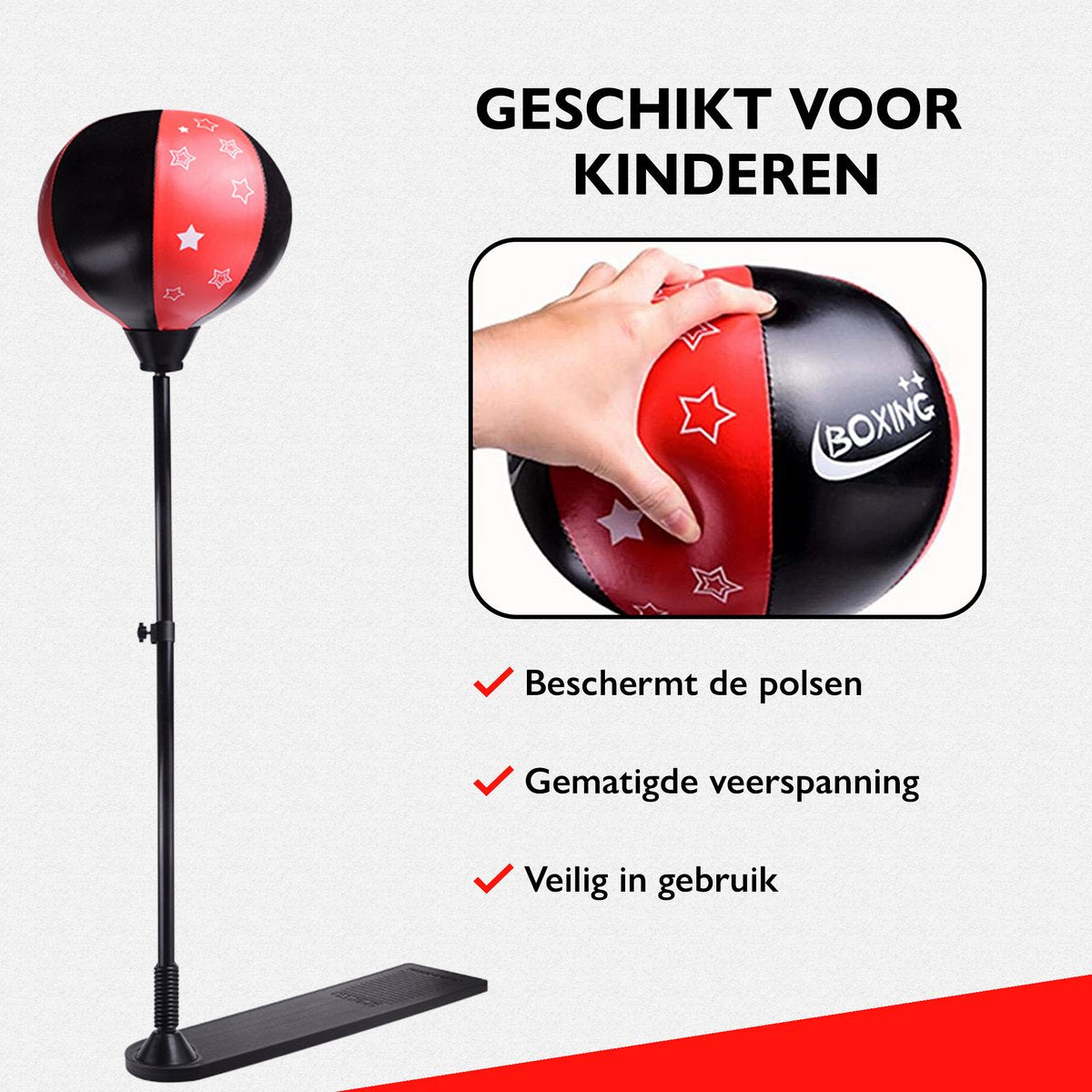 Zoluko Boksbal op Voet voor Kinderen - Incl. Bokshandschoenen en Opblaaspompje - Verstelbaar in Hoogte - Voor Binnen en Buiten - Boksbal op Standaard - Bokstrainer – Bokspaal - Boksset Kinderen - Boksbal Staand - Boxing - Thuis sporten - Zwart/Rood