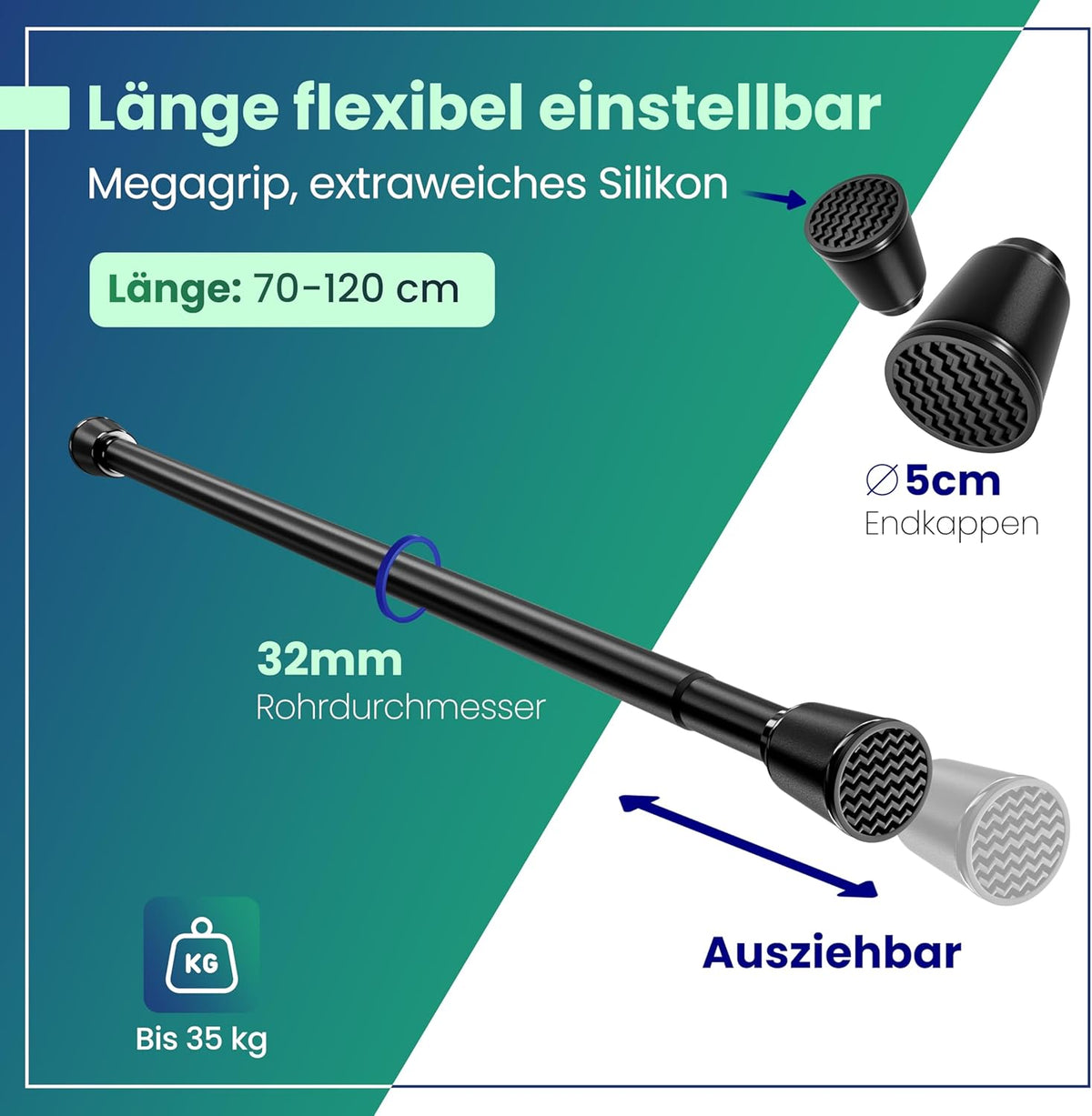 LOBUX® - Gordijnstang zonder boren [zwart, 70-120cm] - telescopische stang gordijn uitschuifbaar - douchestang zonder boren - gordijnstang, douchegordijnstang, kledingstang, klemstang kattennet