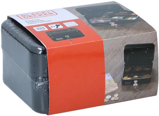 Black&Decker Geldkistje/kluisje - 2 sleutels - zwart - staal - muntbakje - 15 x 12 x 8 cm