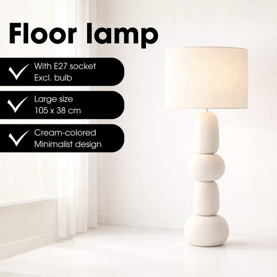 Mica Decorations Menko Vloerlamp Woonkamer - Lamp Decoratief met Lampenkap - Bureaulamp Tafellampen Woonkamer - 105 x ⌀38 cm - 60W E27 IP20 - Cream