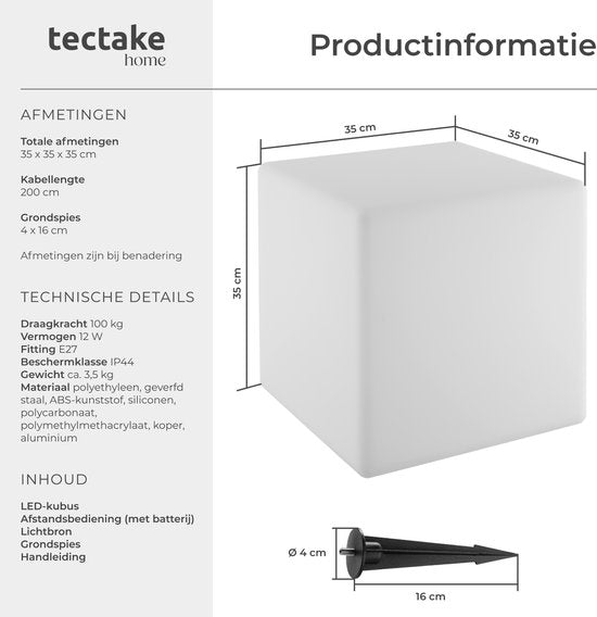 tectake® Luminous Cube - LED Lichtkubus – 16 RGB Kleuren en 5 Lichtmodi -Weerbestendige en Robuuste Tuinverlichting - 35x35x35 cm - Feestversiering - Tuindecoratie - Inclusief Lichtbron en Afstandsbediening