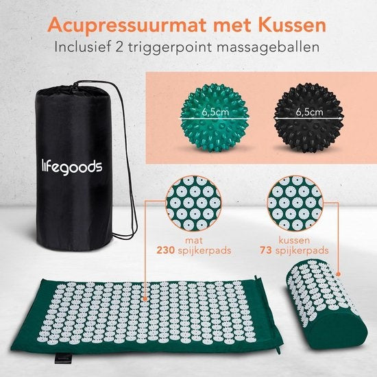 LifeGoods Acupressuur Mat met Kussen - Shakti mat - Spijkermat Incl. 2x Triggerpoint Bal - 66x40x2cm - Groen/Wit