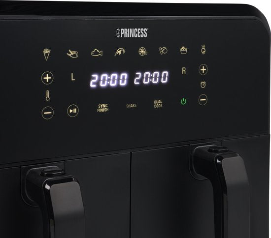 Princess Double Basket Airfryer 182068 - Dubbele Airfryer - 8 liter - 2 manden - XXL - 8 programma’s - 2400W - Dubbele heteluchtfriteuse - Touchscreen - Zwart - 80 °C tot 220°C - Sync functie