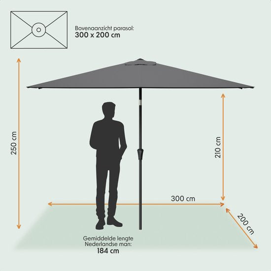 LifeGoods Parasol - Tuin - 200x300cm - 30° Kantelbaar - Waterdicht - UPF50+ - Donkergrijs