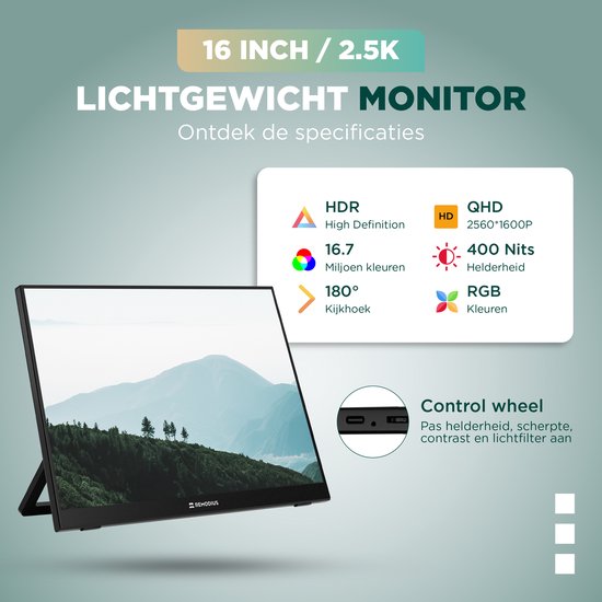 Remodius® Portable Monitor 16 Inch + Sleeve – Ultradunne 2.5K Draagbare Monitor – Reisdisplaybundel met Beschermhoes – USB-C & Mini HDMI – IPS Scherm, HDR, Ingebouwde Kickstand