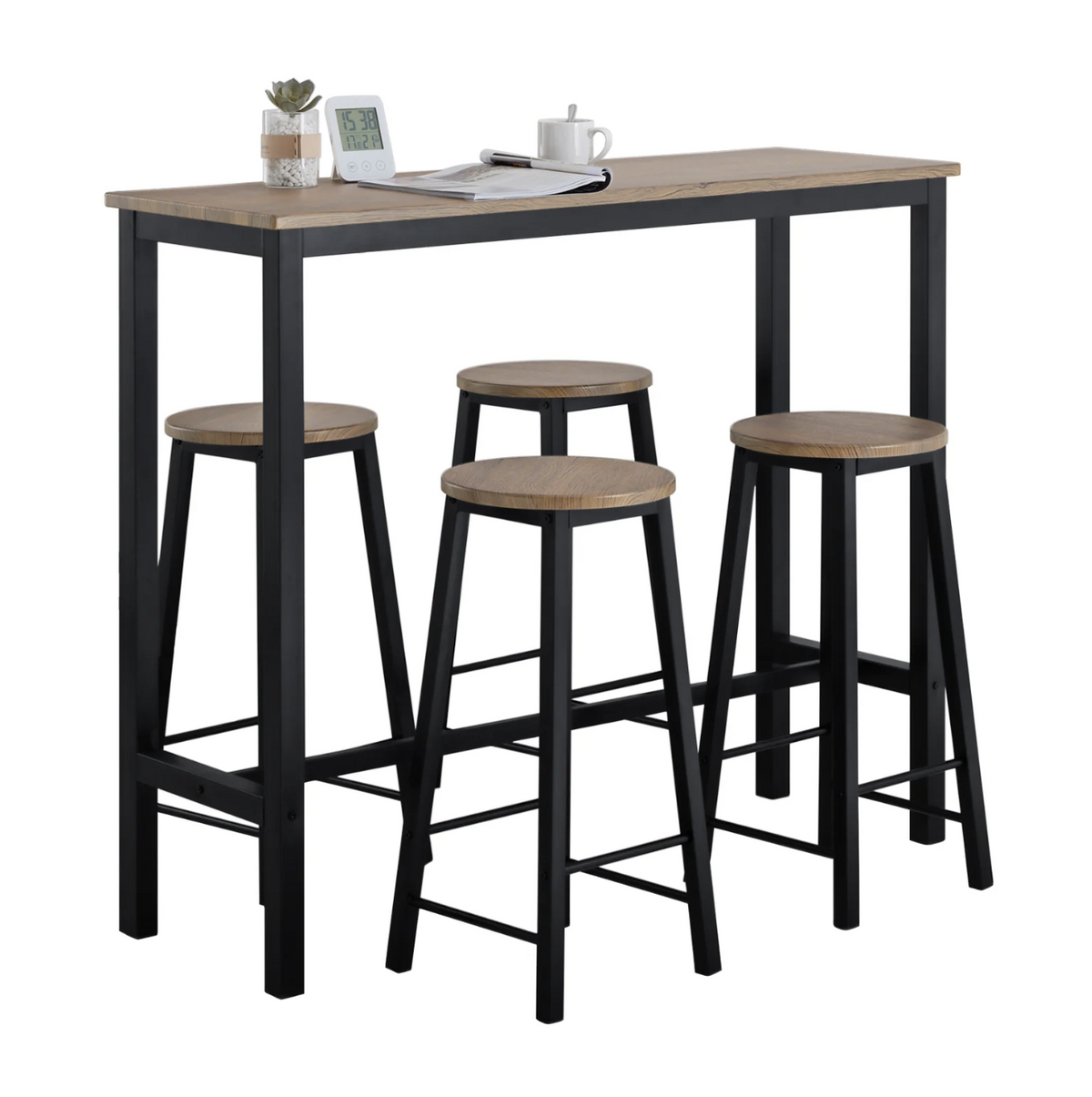 SoBuy Bartafel met 4 Krukken - Max. 150 kg - Industrieel - 120 x 40 x 100 cm - Bruin / Zwart