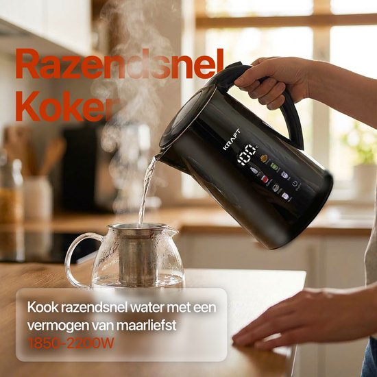 KRAFT Waterkoker met Temperatuurregeling - 1,7 Liter - LED Touch - Zwart - 2200W