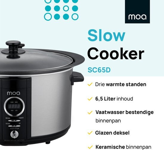 MOA Digitale Slowcooker 6,5 liter - RVS - BPA vrij - SC65D - Zilver