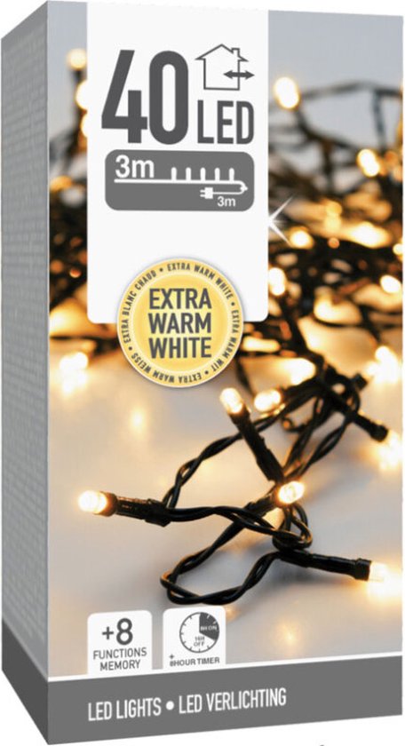 Kerstverlichting 40 led- 3m - extra warm wit - Timer - Lichtfuncties - Geheugen - Buiten-Binnen