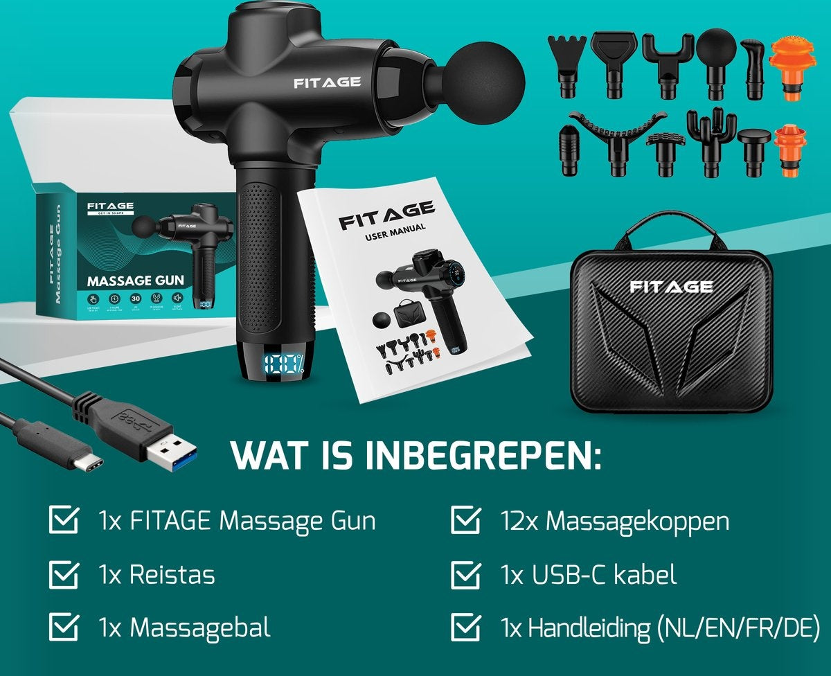 FITAGE Massage Gun Professioneel - 12 Opzetstukken - Massage Apparaat - Massage Pistool 30 Standen - Massageapparaat - Massagegun