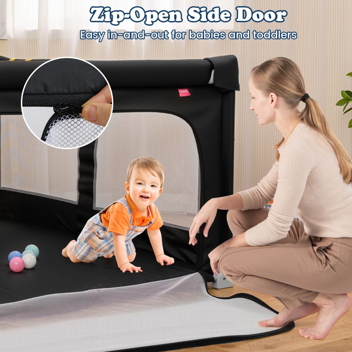 coast Baby Looprek 150 x 150 cm – Opvouwbaar Speelgitter met 50 Ballen, 4 Handgrepen & Ritsdeur – Zwart