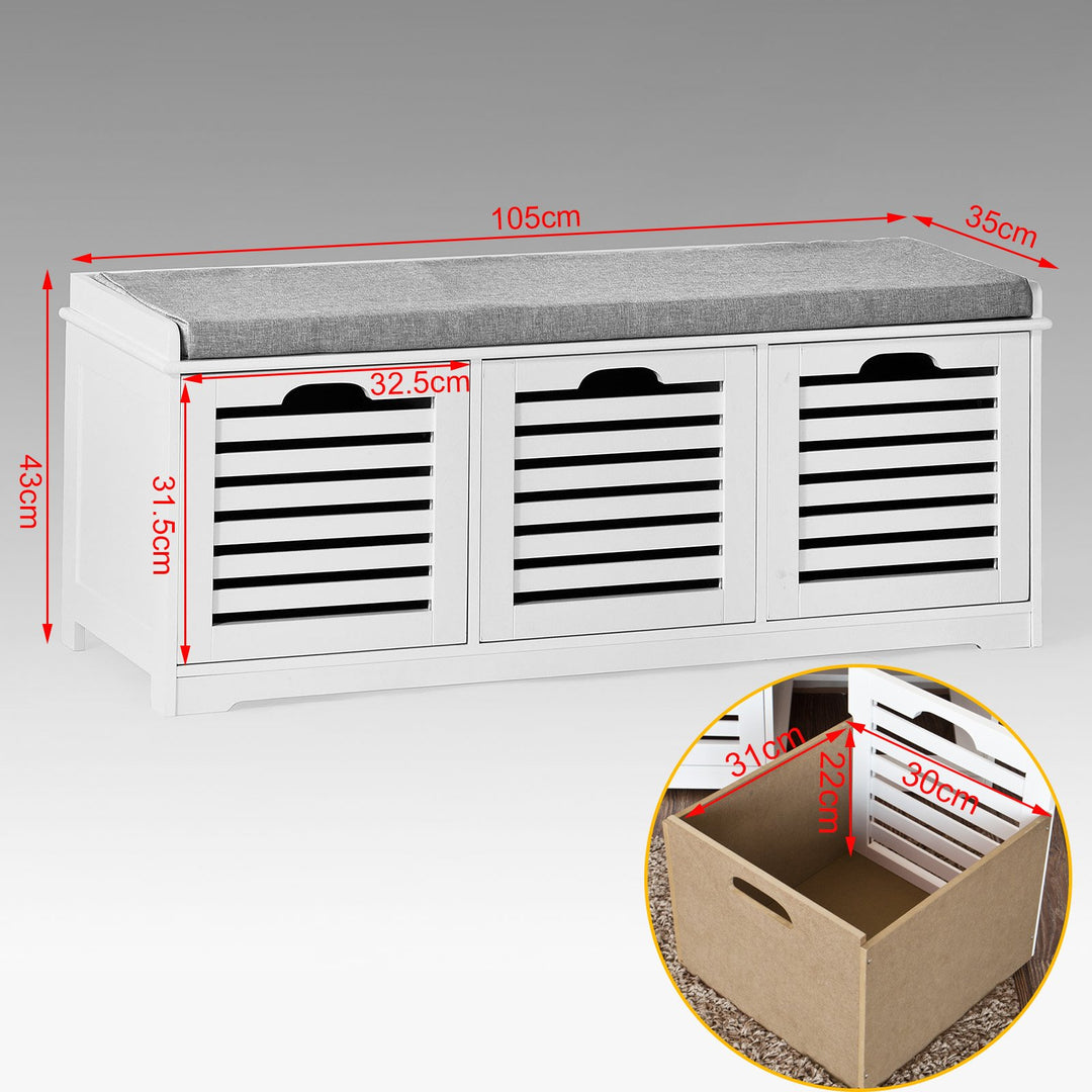 SoBuy Schoenenkast met gestoffeerd zitvlak - 3 Manden  -Landelijk - Max. 120 kg -105 x 35 x 43 cm - Wit / Grijs