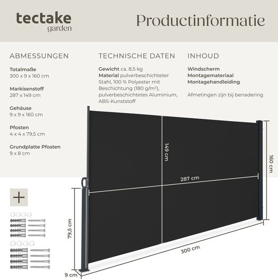 tectake® Uitschuifbaar Windscherm met Oprolmechanisme - 300 x 160 cm - Zijluifel met Aluminium Frame- Zonnescherm - Tuinscherm - Zwart Balkonscherm - Ondoorzichtbaar Privacyscherm - Markiesdoek