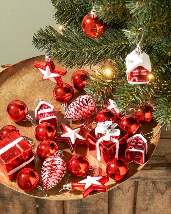 Black Box Trees Joy Kunstkerstboom met 26 Ornamenten en LED Verlichting - H90 x Ø50 cm - Groen, Rood