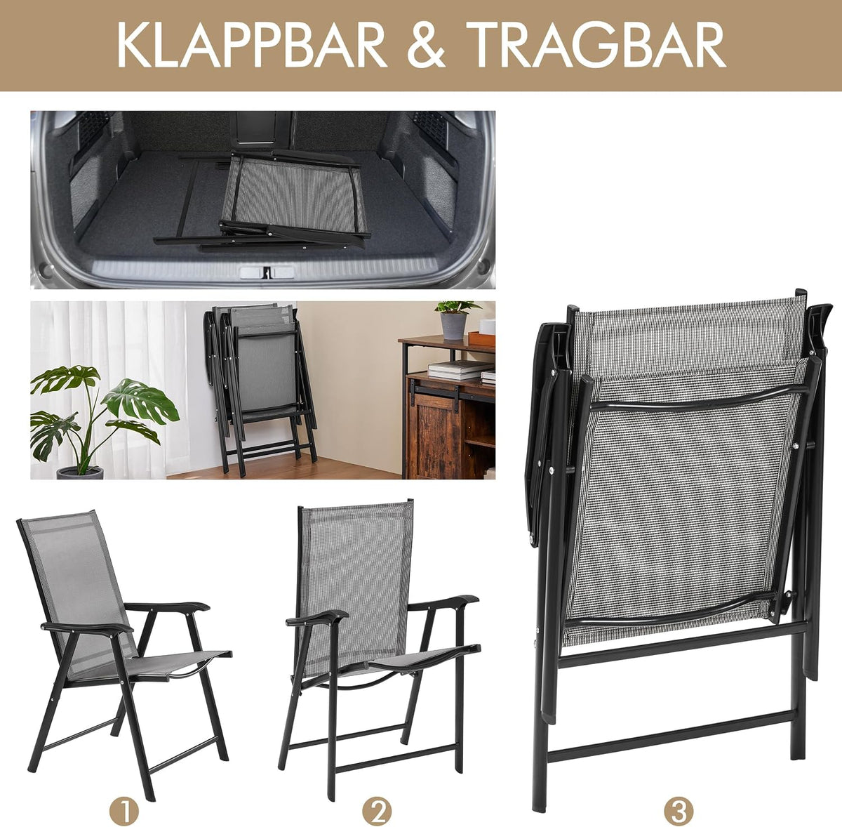 Yaheetech Tuinstoelen Set van 2 - Opvouwbare Klapstoelen met Rugleuning en Armleuningen - Bruin - 54 x 57 x 93,5 cm - Belastbaar tot 150 kg