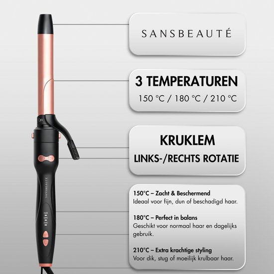 Sansbeauté® 3 in 1 Automatische Krultang met Klem - Keramische Haarkruller - 25mm tot 38mm - Beach Waves - Wavy Hair - Krultangen 33 38 mm 25 mm - Blowout Brush - Haarstyler - Hair Curler - Dunne en Dikke Crimper - Krultang Kort Haar