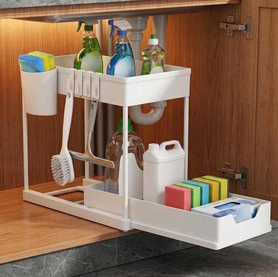Posity Gootsteenkast Organizer - Keukenkastje Organizer - Schuiflade - Kast Organizer - Badkamer Organizer - Aanrecht Organiser - 1 Uitschuifbare Lade - Wit