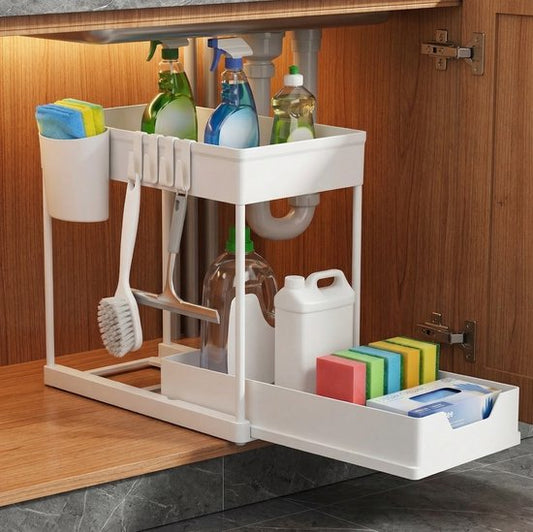 Posity Gootsteenkast Organizer - Keukenkastje Organizer - Schuiflade - Kast Organizer - Badkamer Organizer - Aanrecht Organiser - 1 Uitschuifbare Lade - Wit