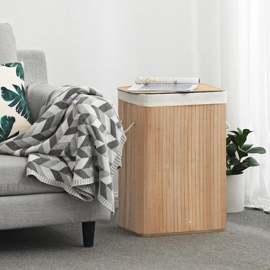 Songmics XL 72 Liter - Grote opvouwbare wasmand - bamboe - wasbare voering - 40 x 30 x 60 cm