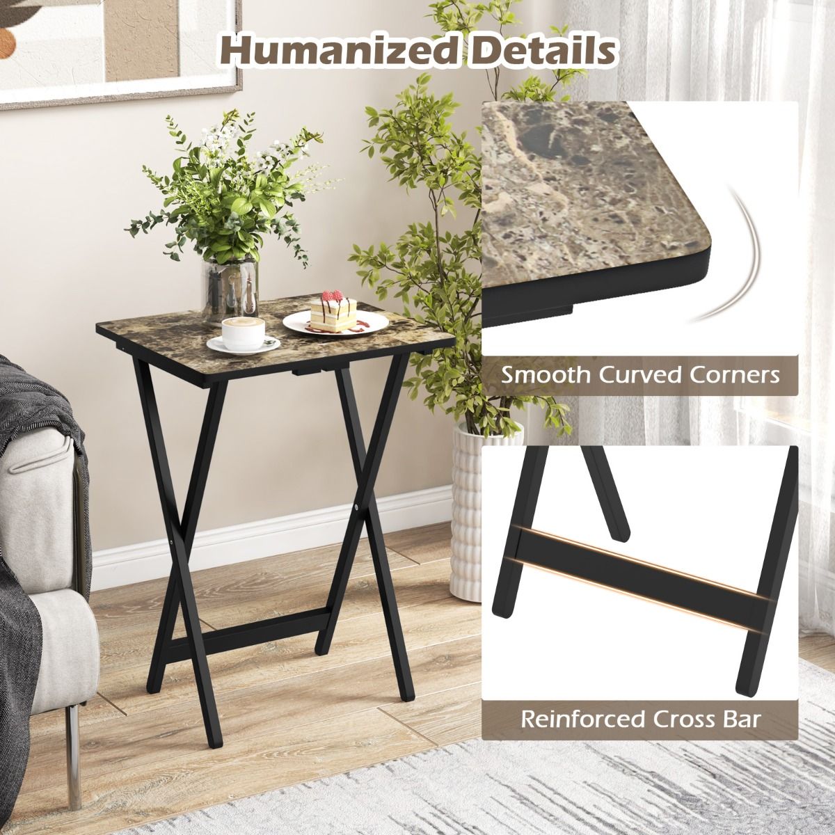 Coast 4-delige Klaptafelset TV-Snacktafel - Inklapbaar, Met Opbergstandaard, Marmerlook - 48 x 40 x 67 cm - MDF/Rubberhout - Zwart