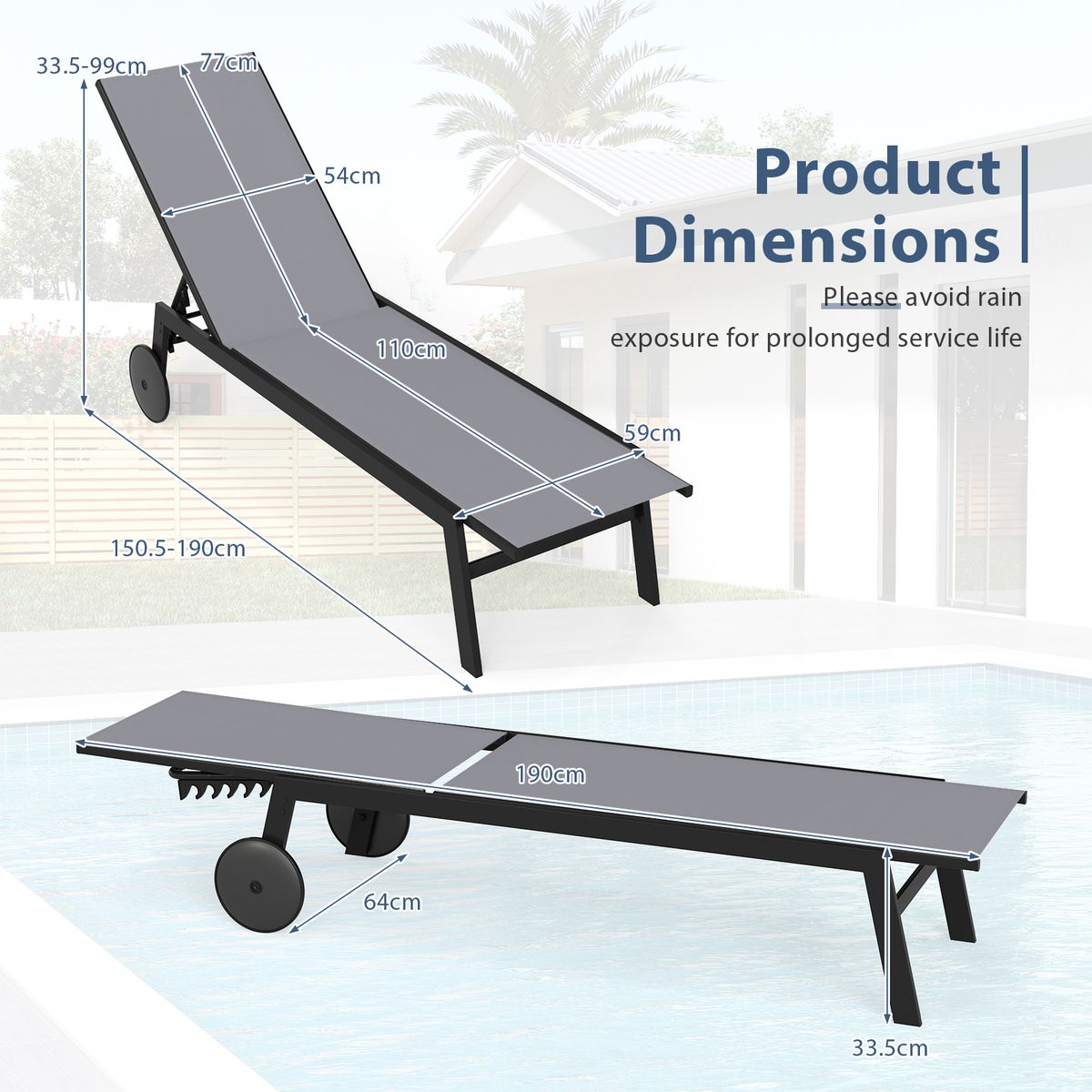 Coast tuinligstoel op wielen - 6 verstelbare standen - ademende bekleding - grijs - 1 stuks