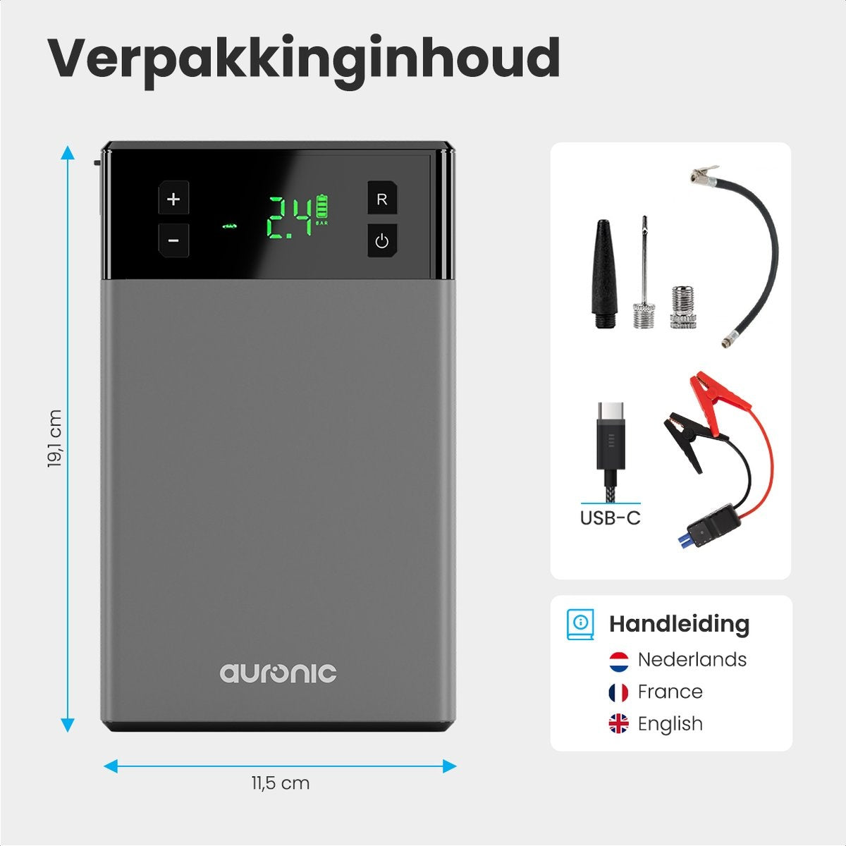 Auronic 12V Jumpstarter  Startondersteuning voor Auto's - Met Compressor en Bandenpomp - 1200A - 3L Diesel 6L Benzine - Zwart/Grijs