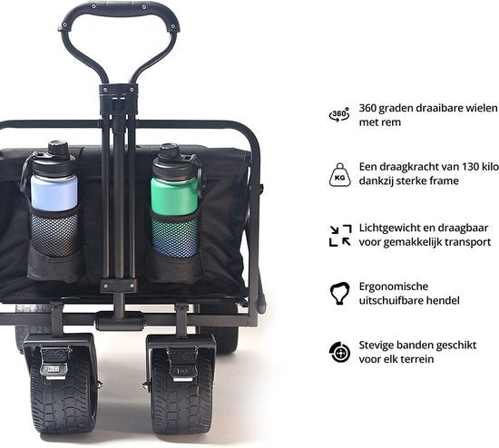 FlinQ Bolderkar tot 130 KG - Opvouwbaar - Strandkar met Duwstang - Inklapbare Bolderwagen voor Strand - 100L Inhoud met Draaibare Wielen - Zwart