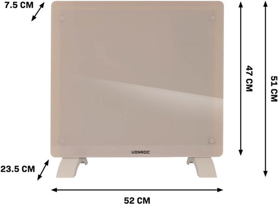 VONROC Luxe elektrische kachel - Convectorkachel met glazen paneel – 500W/1000W - Verwarmt ruimtes tot 12m2 - Bediening zowel met app (via Wifi) als handmatig – Instelbare thermostaat en timer - Beige