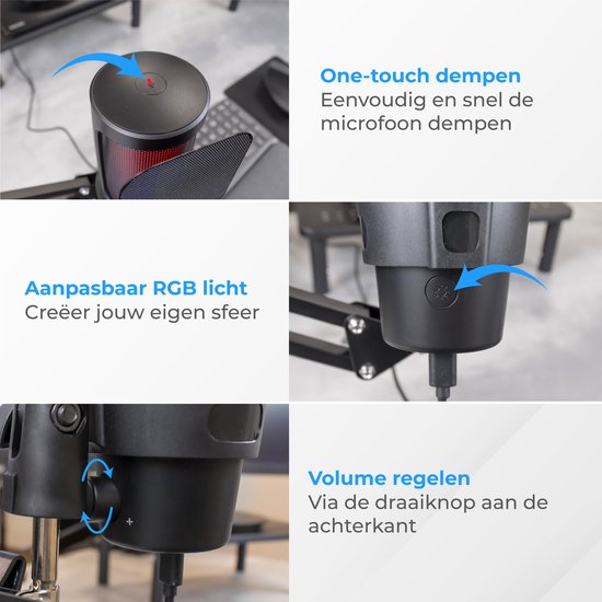 Nuvance - USB Microfoon met Arm - voor PC en Gaming Microfoon - met Ruisfilter - Inclusief USB-C Converter - Streaming Microphone - RGB