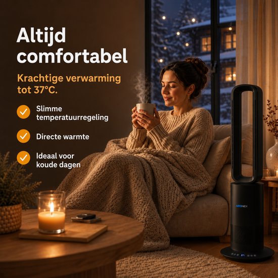 Aironex Bladloze Ventilator Zwart - Energiezuinige Luchtkoeler - Aircooler met Draaifunctie - Verwarming en Verkoeling in 1 -Ventilatoren - TafelVentilator -Vloerventilator