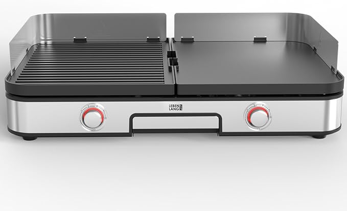 LEBENLANG Elektrische Tafelgrill - 2400W - Inclusief Grilltang en Spatbescherming - 30 x 23,7 x 15 cm - RVS