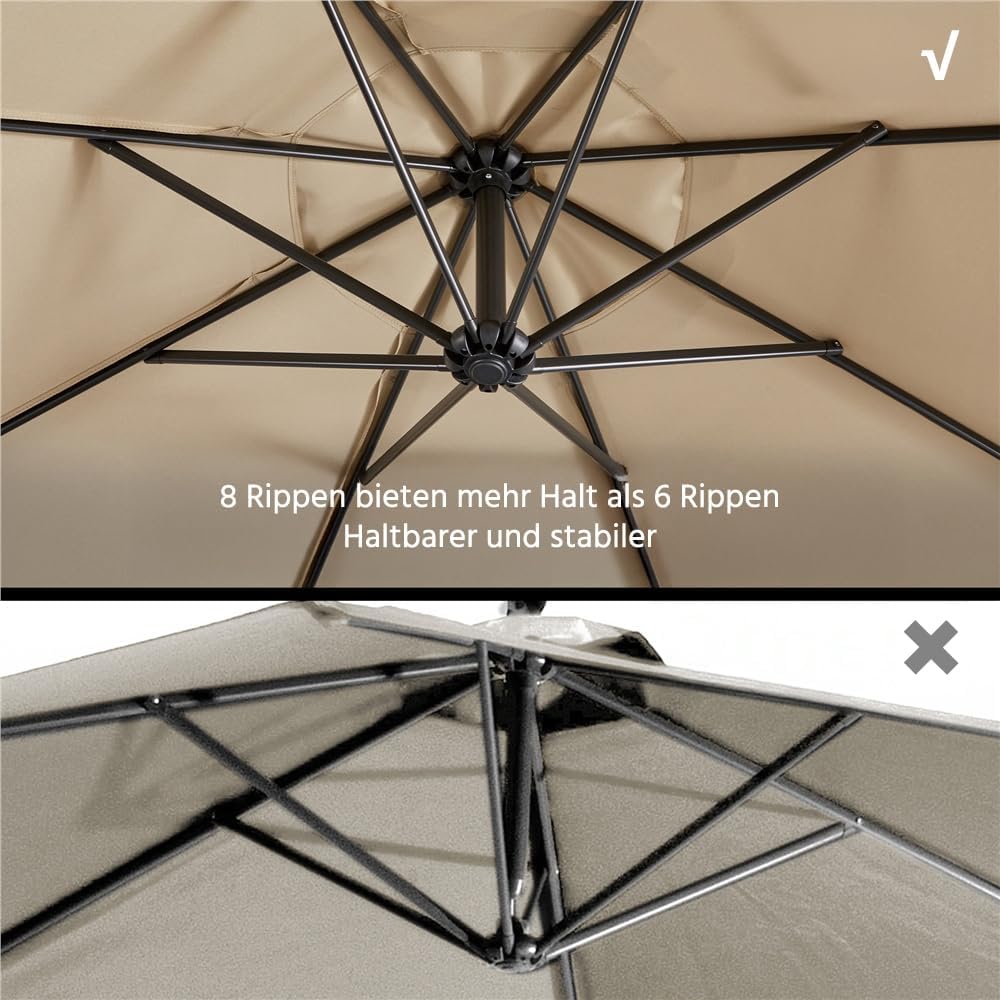 Yaheetech Zweefparasol 300 cm - Octagonaal - Polyester - Met Slinger en Kruisvoet