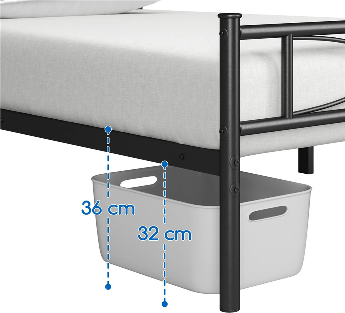 Yaheetech Metalen Bedframe 90 x 200 cm - Zwart - 204 kg - Met Hoofdbord en Voetbord - 32 cm Onderbedopslag