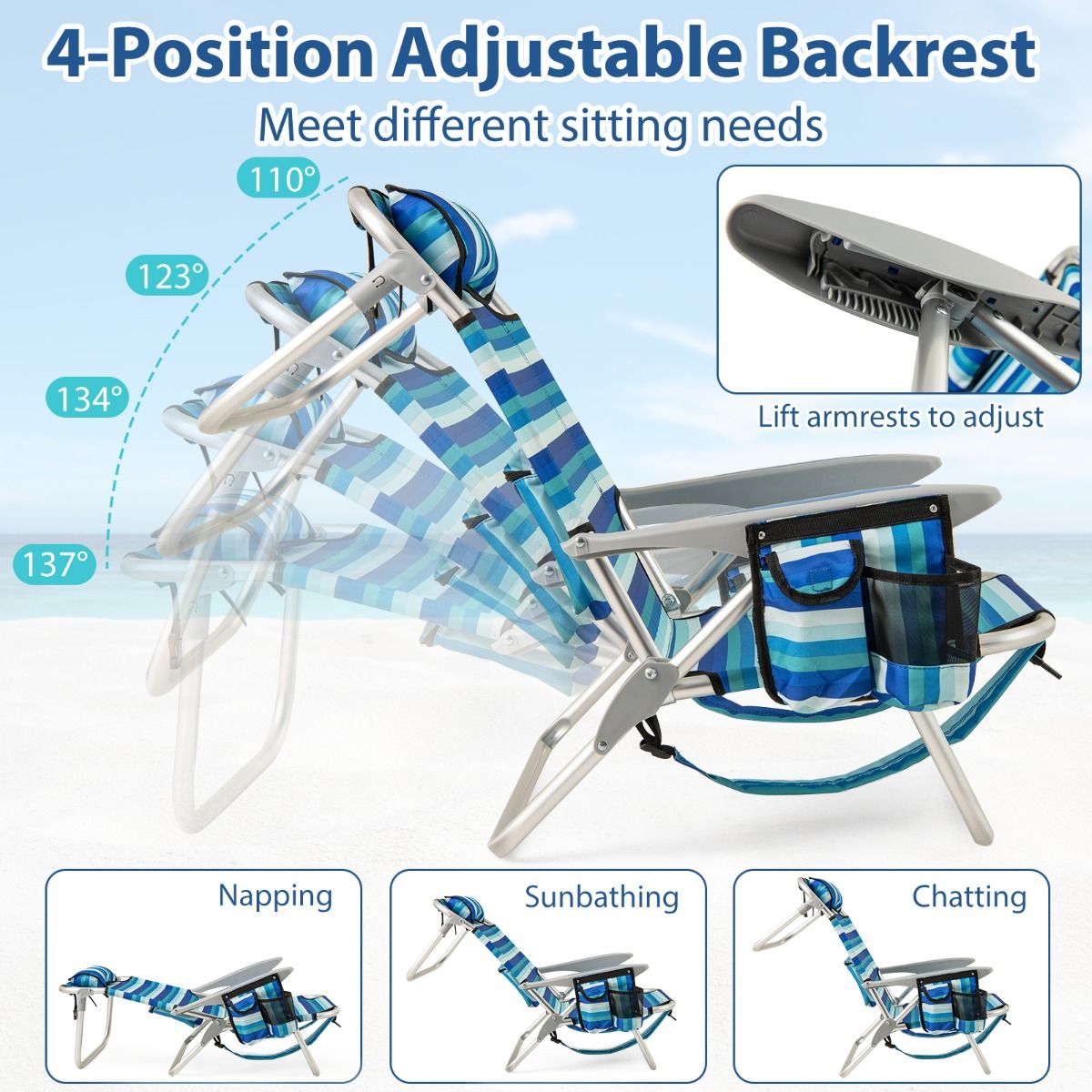 Coast Opvouwbare Strandstoel Set - Verstelbare Rugleuning - Inclusief Koelbox - Blauw