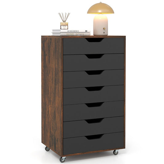 Coast Verrijdbare Houten Ladekast met 7 Laden en Wielen - 49 x 40 x 89 cm - Rustiek Bruin/Zwart