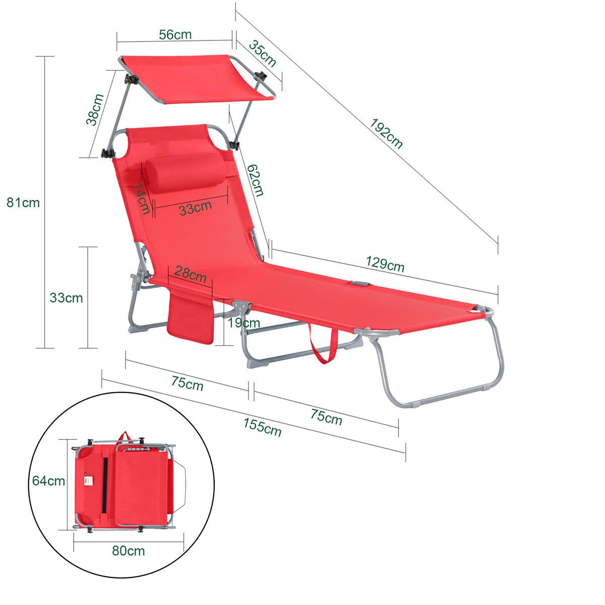 SoBuy Ligstoel Rood – Opvouwbare Tuinligstoel met Verstelbare Luifel en 4 Ligposities – 86 x 40 cm Ingeklapt