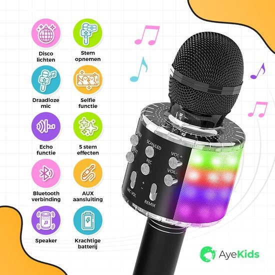 AyeKids 5-in-1 Karaoke Microfoon - Draadloos & Bluetooth – Ingebouwde Speaker & Disco Lichten – Incl. AUX-kabel - Microfoon Kinderen - Karaoke Set - Zwart