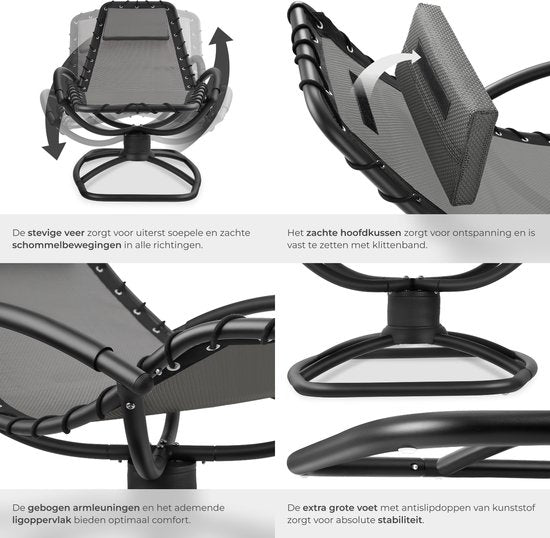 tectake® - Ligstoel Toulon - Ergonomische tuinstoel met schommelfunctie - Verstelbare ligstoel voor tuin, terras, balkon met hoofdkussen en comfortabele armleuningen - 120kg draagkracht - Grijs