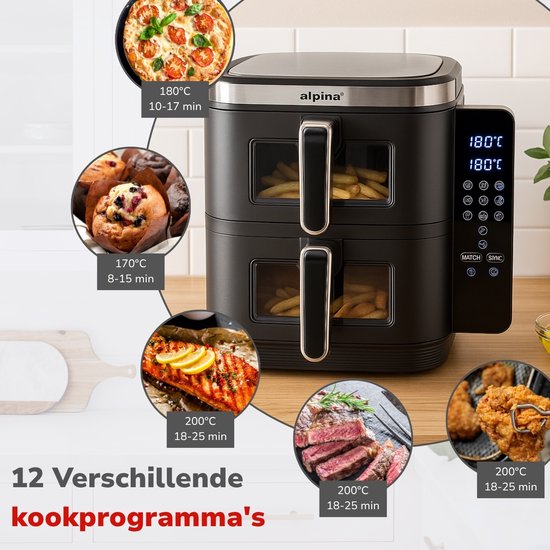 alpina Airfryer XXL - Dubbele Air Fryer 11L - Heteluchtfriteuse 2 Manden - Double Stacked voor 8 Personen - Opvouwbaar Display - Timerfunctie tot 60 Minuten - Temperatuur 60-200°C - Zwart