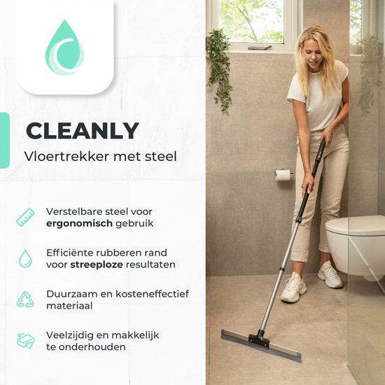 CLEANLY Vloertrekker met Steel Telescopisch 113-142 cm - Vloerwisser Badkamer met Rubberen Trekker - Watertrekker - Douchewisser - Breedte 43,5 cm - Zwart, Grijs