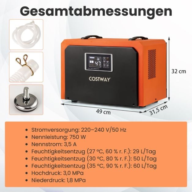 Coast Bouwdroger Oranje – Industriële Luchtontvochtiger 60L per Dag met Afvoerslang en 24-uurs Timer – 49 x 31,5 x 32 cm
