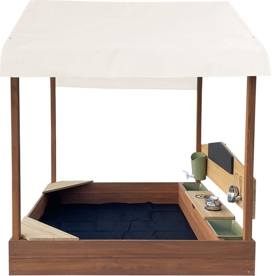 AXI Meli Zandbak & Speelhuisje 120 x 120 cm met Speelkeuken – Bruin - Met Dak – FSC hout – Met Krijtbord, Watertank en 6-delig Speelgoed Kookset – Met 2 Bankjes - Inclusief gronddoek – 10 jaar garantie