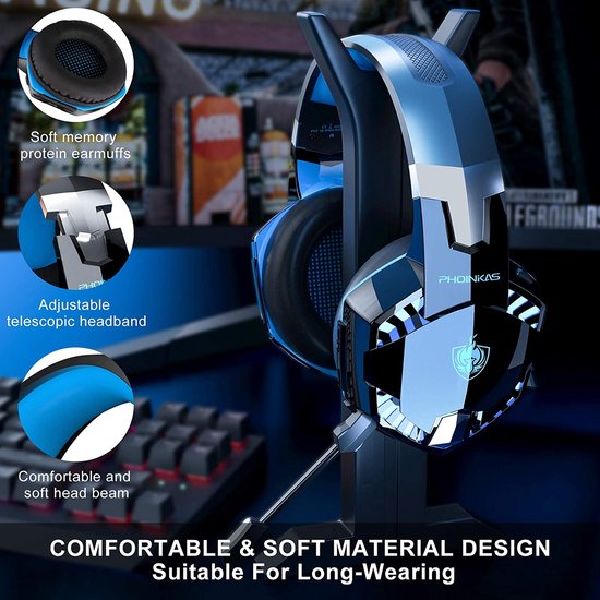 PHOINIKAS G2000 BT Bluetooth Laptop Gaming headset met microfoon Over-ear Koptelefoon - Zwart blauw