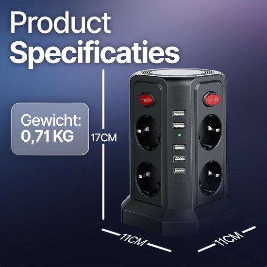 URGOODS Stekkerdoostoren - 8 Outlets - USB - Aan/Uit Schakelaar - 3 m Kabel - Zwart