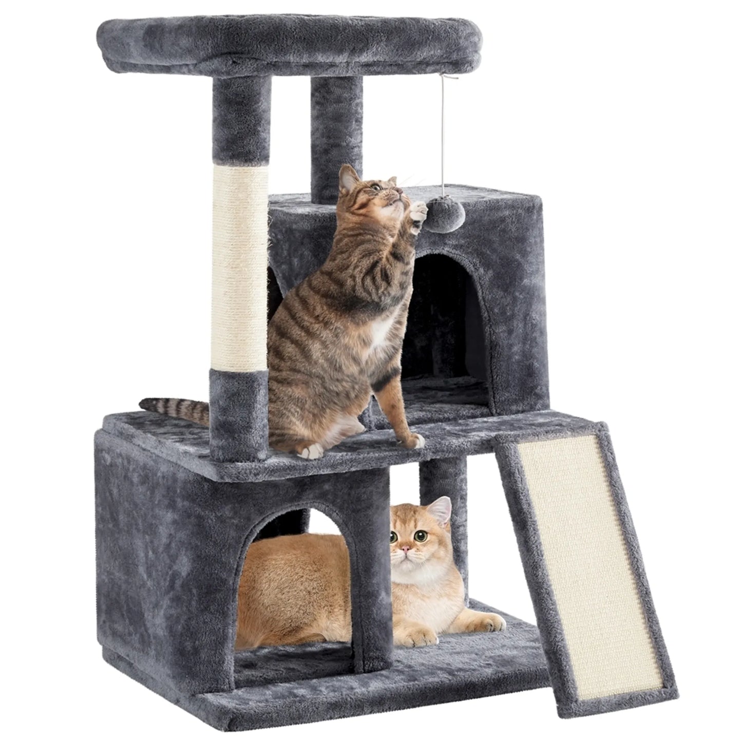Yaheetech Krabpaal Met Twee Kattenhuisjes – Voorzien Van Uitkijkplatform En Krabplank En Sisalpaal En Speelbal – Voor 1-2 Kleine Tot Middelgrote Katten – Donkergrijs Pluche En Sisal – 60 x 45 x 106 cm