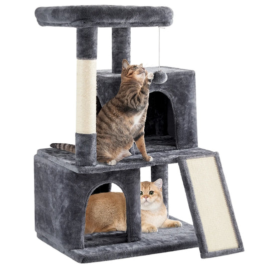 Yaheetech Krabpaal Met Twee Kattenhuisjes – Voorzien Van Uitkijkplatform En Krabplank En Sisalpaal En Speelbal – Voor 1-2 Kleine Tot Middelgrote Katten – Donkergrijs Pluche En Sisal – 60 x 45 x 106 cm