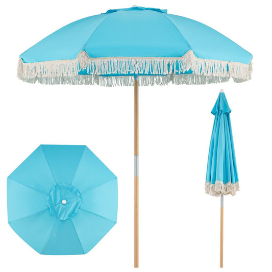 Coast tuinparasol met franjes - houten strandparasol - verstelbare hellingshoek - blauw