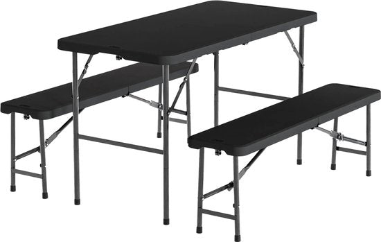 LifeGoods Inklapbare Picknickset - 124cm x 61,5cm - Tuintafel met 2 Banken - Weerbestendig - Campingtafel - Biertafel Opklapbaar - Voor Binnen en Buiten - Voor 4 tot 6 Personen - Zwart
