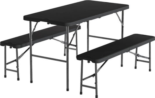 LifeGoods Inklapbare Picknickset - 124cm x 61,5cm - Tuintafel met 2 Banken - Weerbestendig - Campingtafel - Biertafel Opklapbaar - Voor Binnen en Buiten - Voor 4 tot 6 Personen - Zwart
